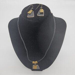 KC Jewelry Set Necklace & Dangling Earrings Gold Toned Black MCM Look